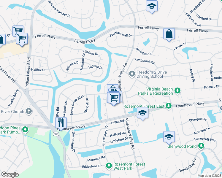 map of restaurants, bars, coffee shops, grocery stores, and more near 1542 Sangaree Circle in Virginia Beach