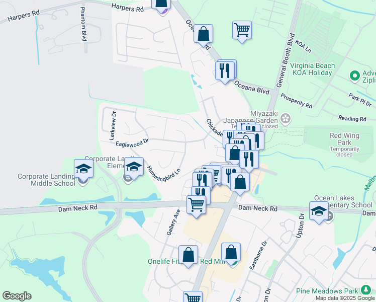 map of restaurants, bars, coffee shops, grocery stores, and more near 1506 Hummingbird Lane in Virginia Beach
