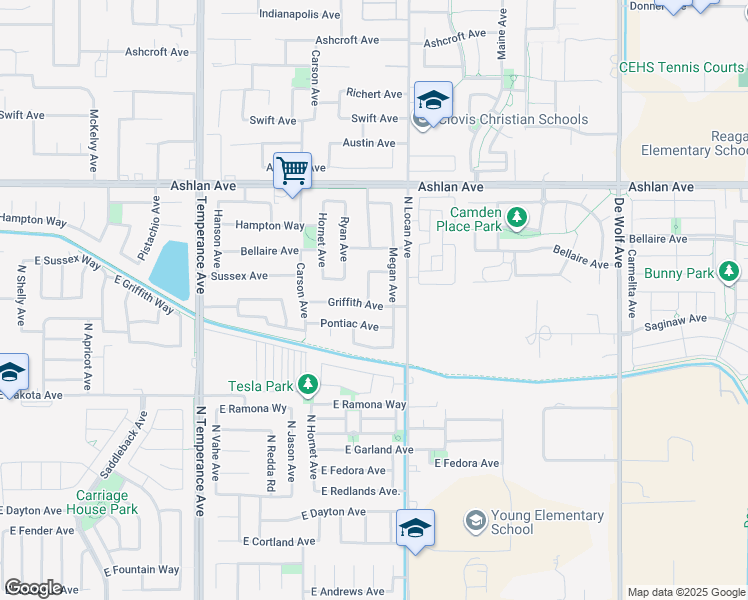 map of restaurants, bars, coffee shops, grocery stores, and more near 3407 Greenfield Avenue in Clovis