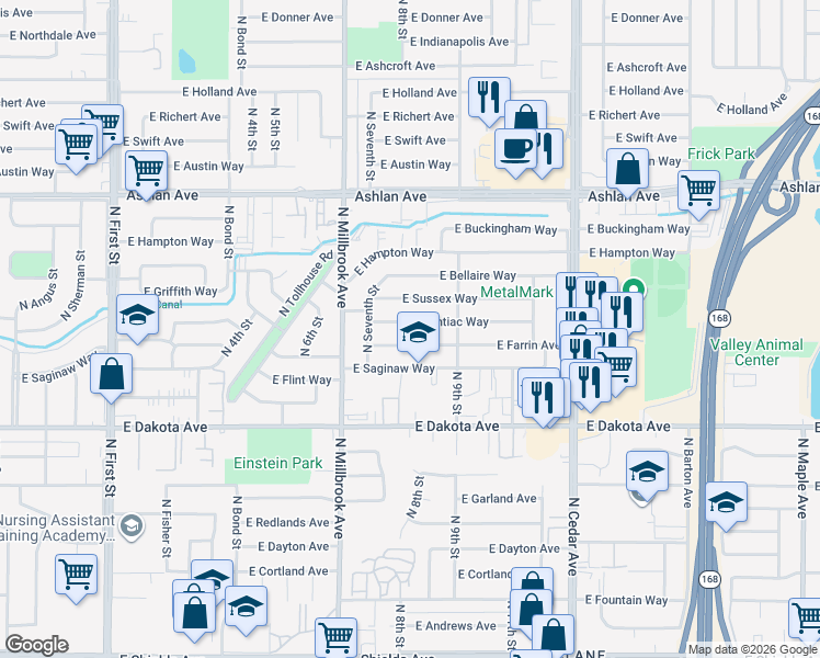 map of restaurants, bars, coffee shops, grocery stores, and more near 3854 East Sussex Way in Fresno