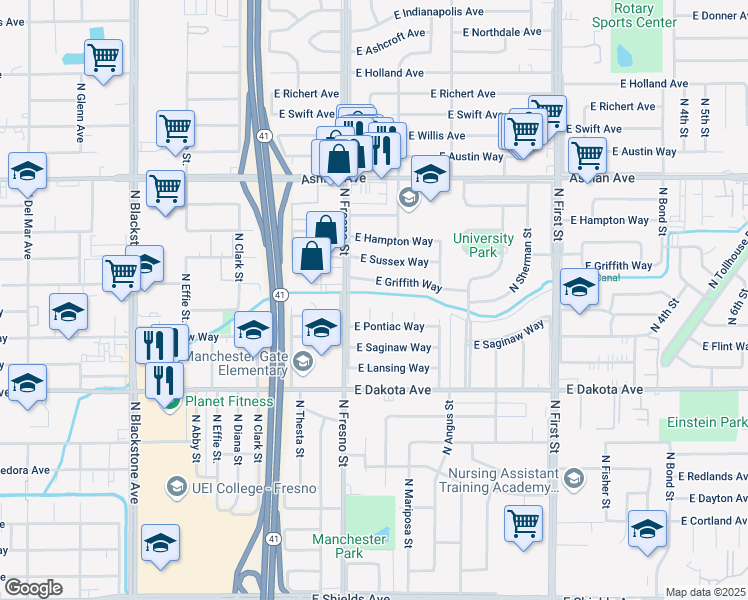 map of restaurants, bars, coffee shops, grocery stores, and more near 2632 East Griffith Way in Fresno