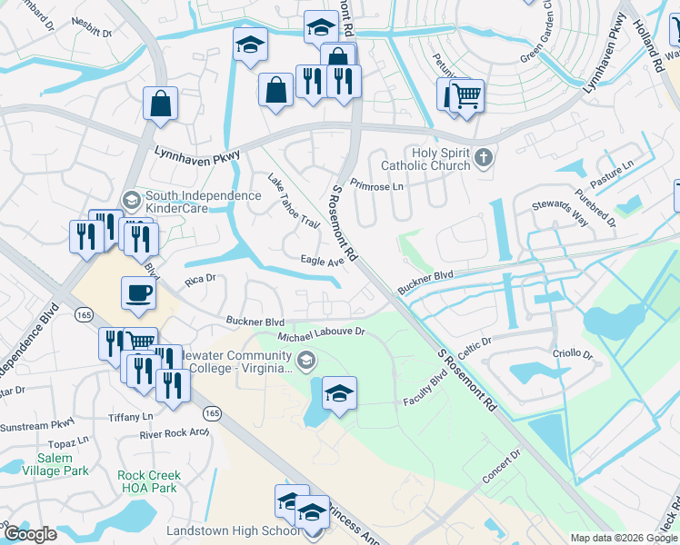 map of restaurants, bars, coffee shops, grocery stores, and more near 1356 Eagle Avenue in Virginia Beach