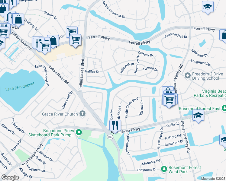 map of restaurants, bars, coffee shops, grocery stores, and more near 1637 Helmsley Court in Virginia Beach