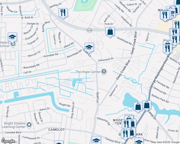 map of restaurants, bars, coffee shops, grocery stores, and more near 1417 Shady Tree Way in Chesapeake