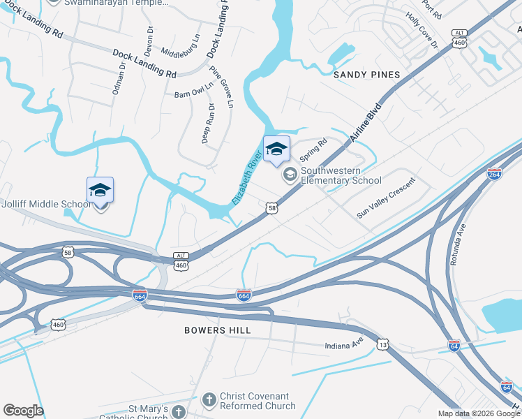 map of restaurants, bars, coffee shops, grocery stores, and more near 1407 Riddick Street in Chesapeake