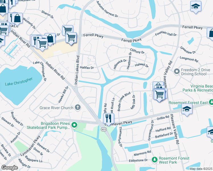 map of restaurants, bars, coffee shops, grocery stores, and more near 1637 Helmsley Court in Virginia Beach
