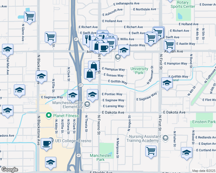 map of restaurants, bars, coffee shops, grocery stores, and more near 2632 East Griffith Way in Fresno