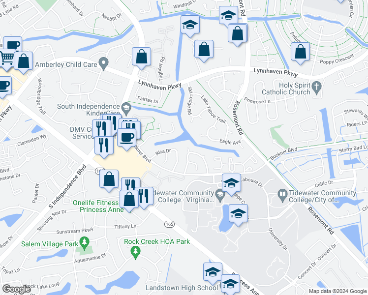map of restaurants, bars, coffee shops, grocery stores, and more near 1305 Mikie Court in Virginia Beach