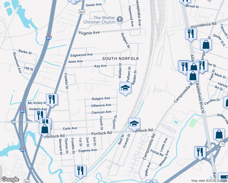 map of restaurants, bars, coffee shops, grocery stores, and more near 407 Varsity Court in Chesapeake