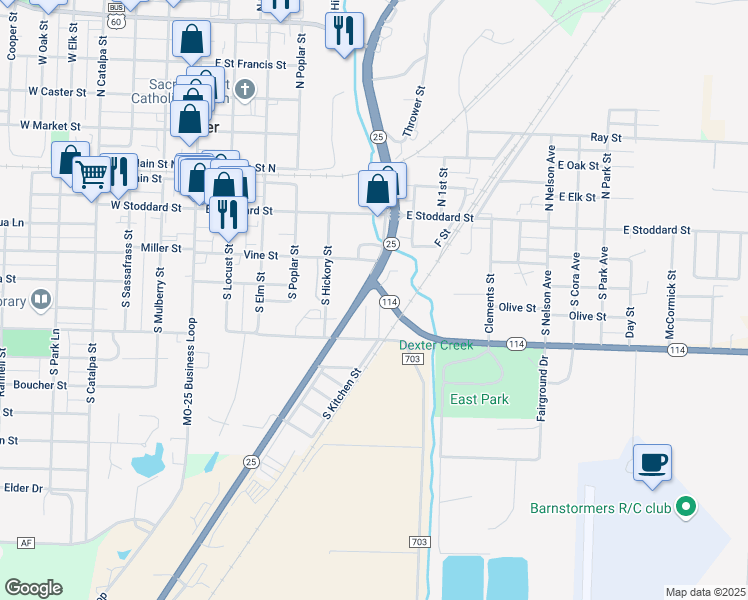 map of restaurants, bars, coffee shops, grocery stores, and more near 340 South Kitchen Street in Dexter