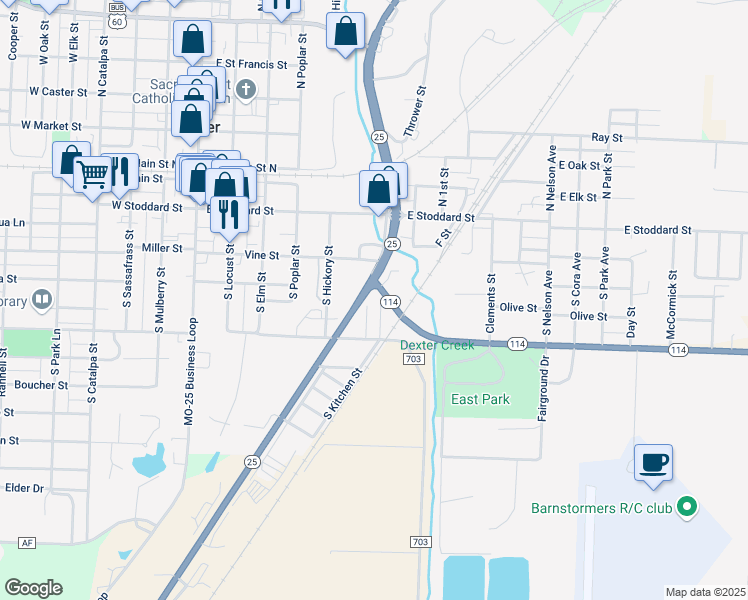 map of restaurants, bars, coffee shops, grocery stores, and more near 340 South Kitchen Street in Dexter