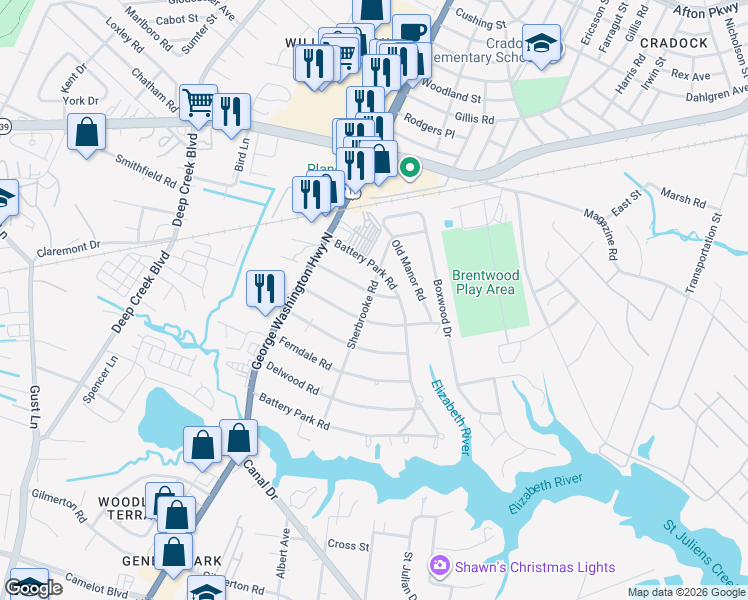 map of restaurants, bars, coffee shops, grocery stores, and more near 2300 Springdale Road in Chesapeake