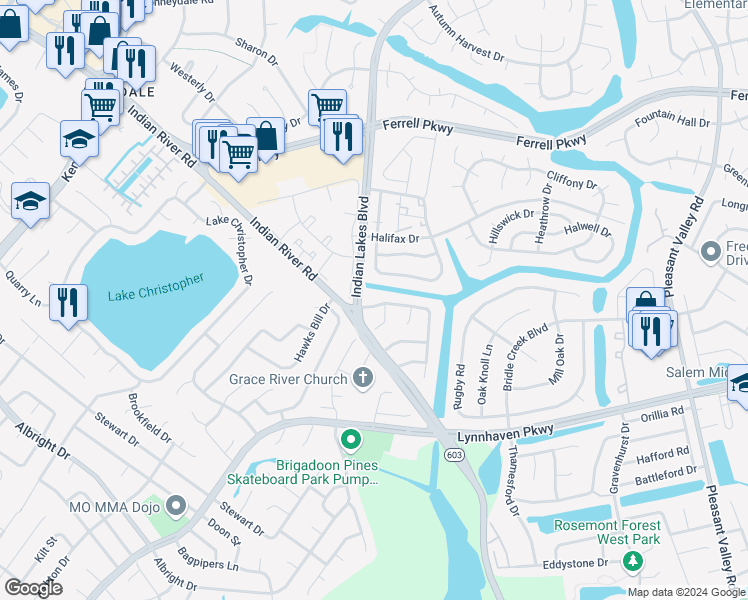 map of restaurants, bars, coffee shops, grocery stores, and more near 5284 Settlers Park Drive in Virginia Beach