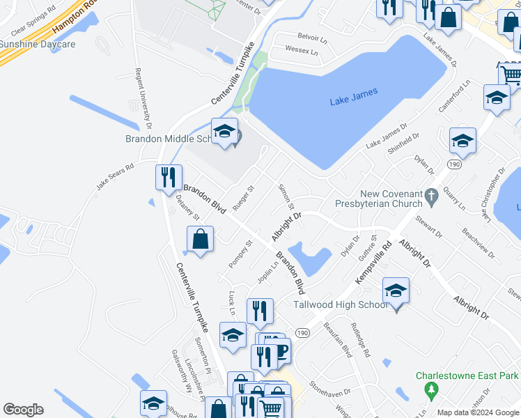 map of restaurants, bars, coffee shops, grocery stores, and more near 1724 Delaney Street in Virginia Beach