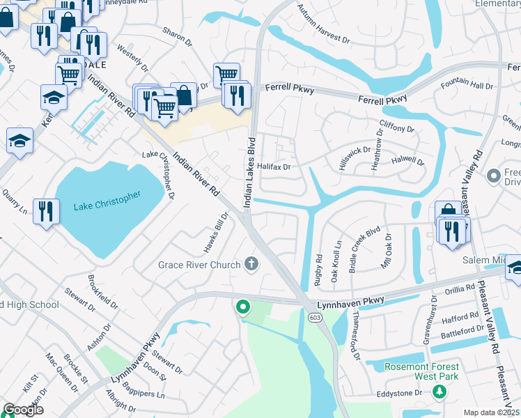 map of restaurants, bars, coffee shops, grocery stores, and more near 5282 Settlers Park Drive in Virginia Beach