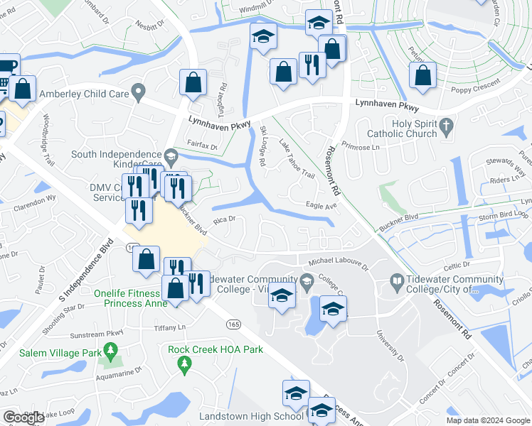 map of restaurants, bars, coffee shops, grocery stores, and more near 1308 Mikie Court in Virginia Beach