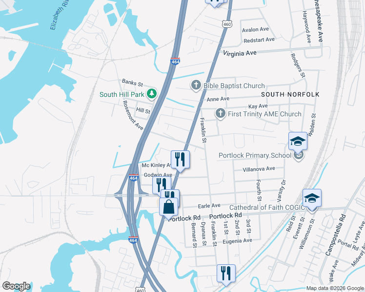 map of restaurants, bars, coffee shops, grocery stores, and more near 1025 Rosemont Avenue in Chesapeake