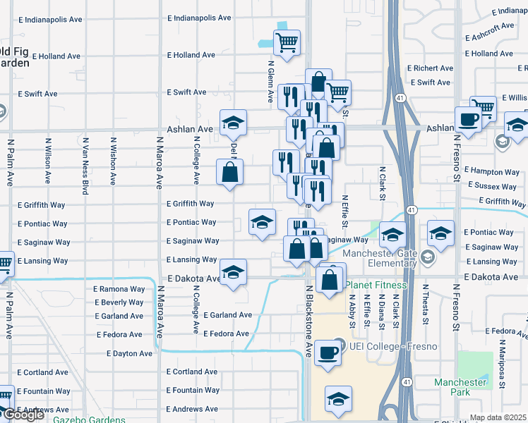 map of restaurants, bars, coffee shops, grocery stores, and more near 408 North Glenn Avenue in Fresno