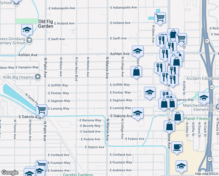 map of restaurants, bars, coffee shops, grocery stores, and more near 925 East Griffith Way in Fresno