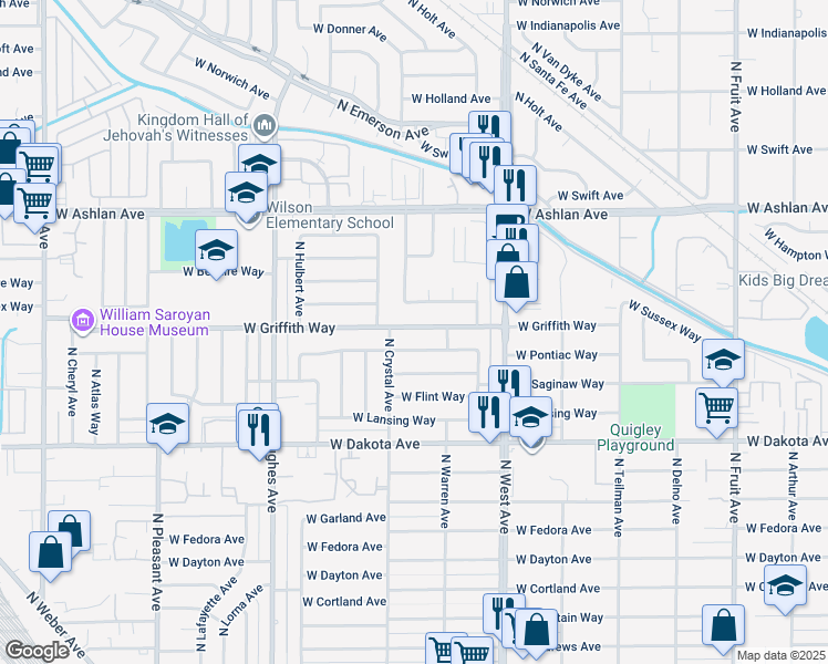 map of restaurants, bars, coffee shops, grocery stores, and more near in Fresno