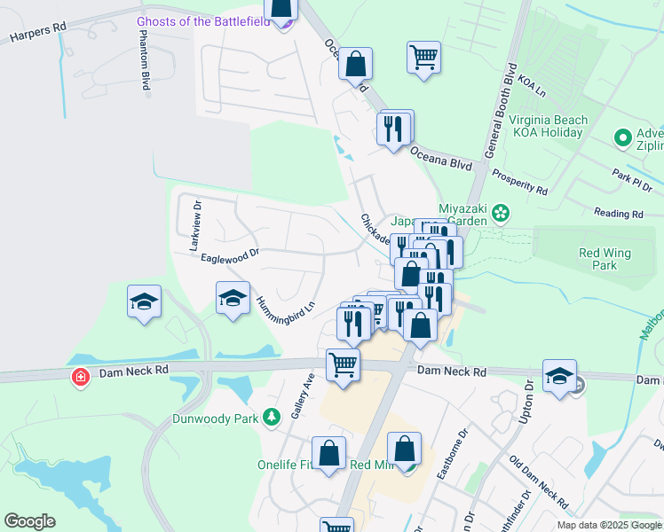 map of restaurants, bars, coffee shops, grocery stores, and more near 1217 Eaglewood Drive in Virginia Beach