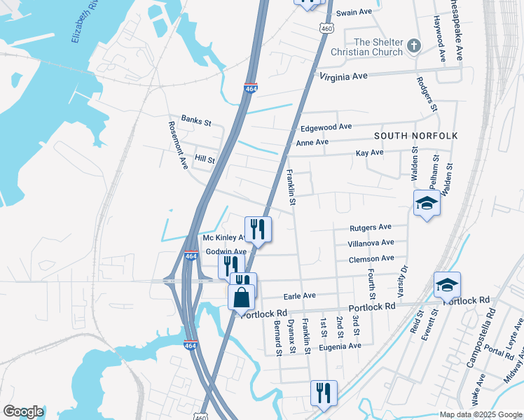 map of restaurants, bars, coffee shops, grocery stores, and more near 1025 Rosemont Avenue in Chesapeake