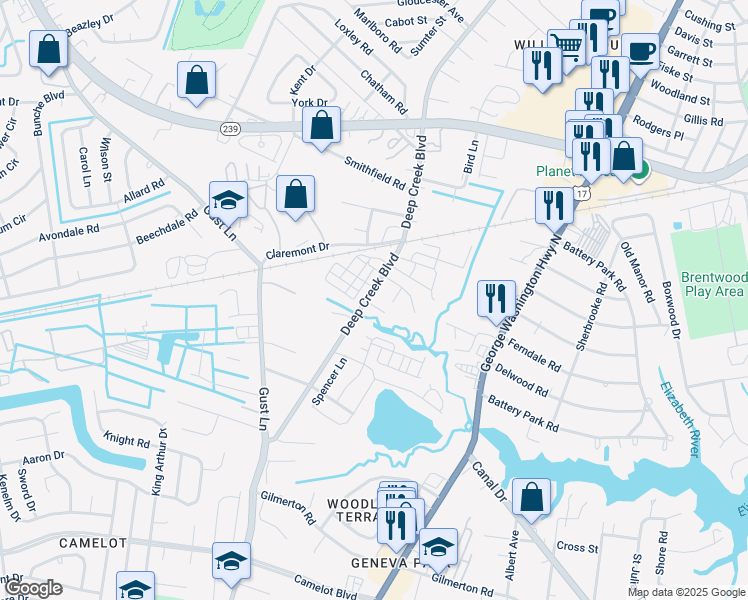 map of restaurants, bars, coffee shops, grocery stores, and more near 2729 Misty Point Road in Chesapeake