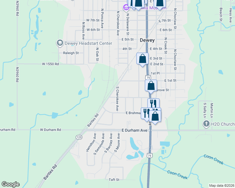 map of restaurants, bars, coffee shops, grocery stores, and more near 121 South Cherokee Avenue in Dewey