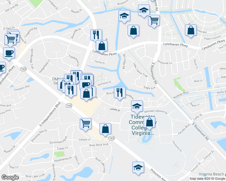map of restaurants, bars, coffee shops, grocery stores, and more near 3918 Rica Drive in Virginia Beach