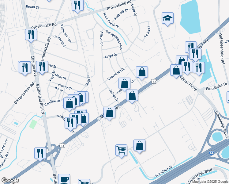 map of restaurants, bars, coffee shops, grocery stores, and more near 2027 Allison Drive in Chesapeake