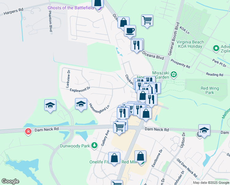 map of restaurants, bars, coffee shops, grocery stores, and more near 1217 Eaglewood Drive in Virginia Beach