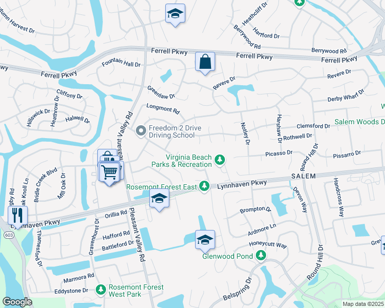 map of restaurants, bars, coffee shops, grocery stores, and more near 1600 Tufts Court in Virginia Beach