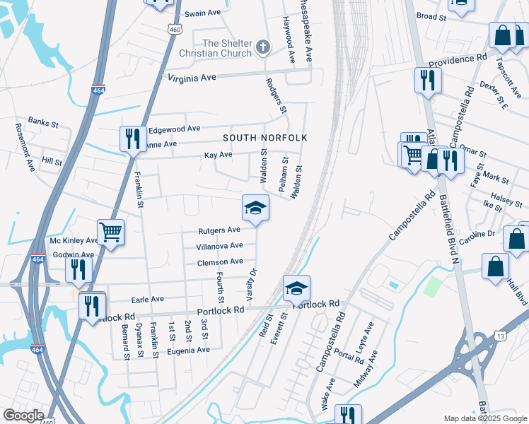 map of restaurants, bars, coffee shops, grocery stores, and more near 1870 Varsity Drive in Chesapeake