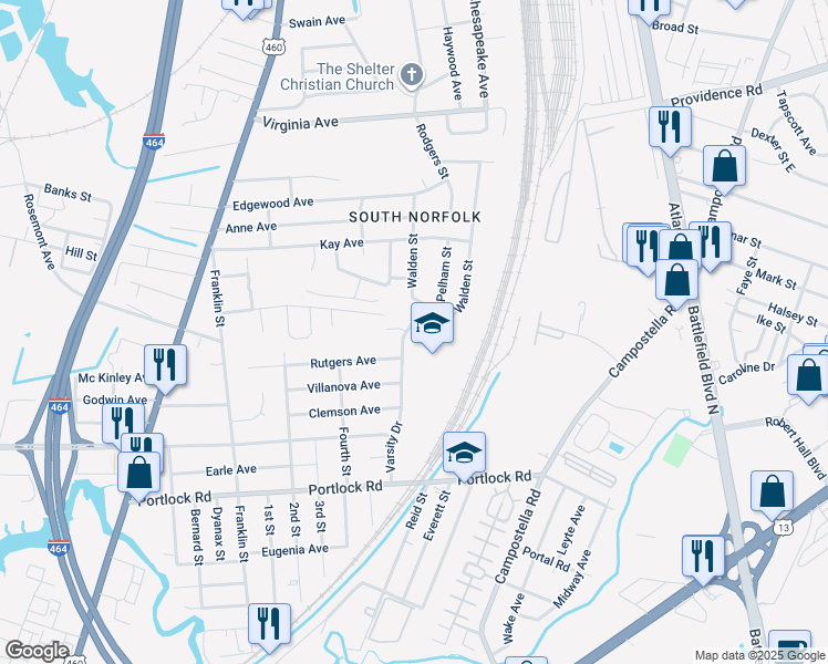 map of restaurants, bars, coffee shops, grocery stores, and more near 1870 Varsity Drive in Chesapeake