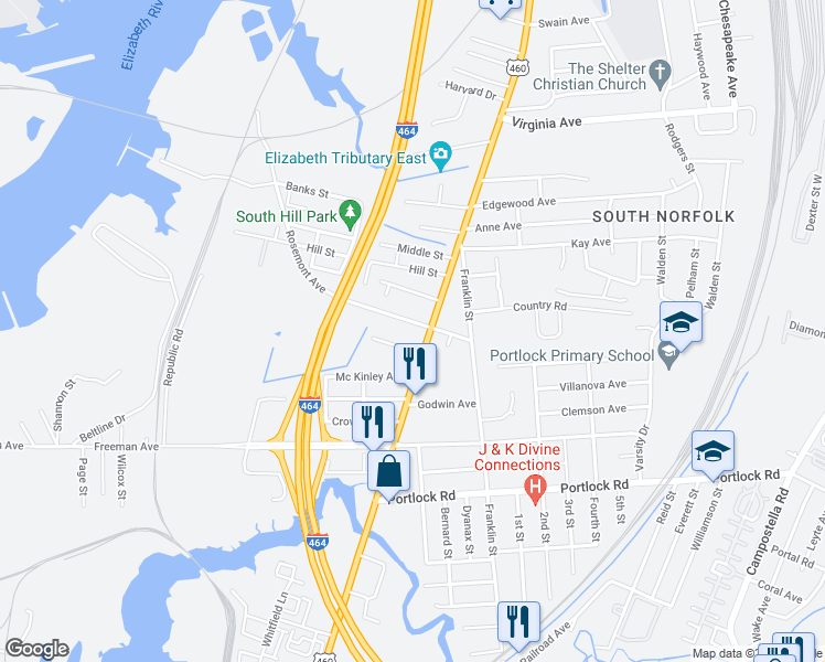 map of restaurants, bars, coffee shops, grocery stores, and more near 1016 Rosemont Avenue in Chesapeake