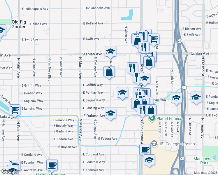 map of restaurants, bars, coffee shops, grocery stores, and more near 3985 North Del Mar Avenue in Fresno