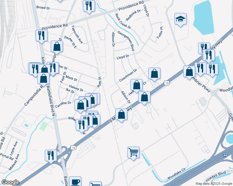 map of restaurants, bars, coffee shops, grocery stores, and more near 2015 Candlelight Drive in Chesapeake