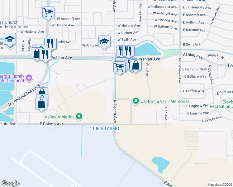 map of restaurants, bars, coffee shops, grocery stores, and more near 5226 North Peach Avenue in Fresno