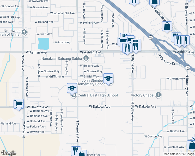 map of restaurants, bars, coffee shops, grocery stores, and more near 4642 West Griffith Way in Fresno