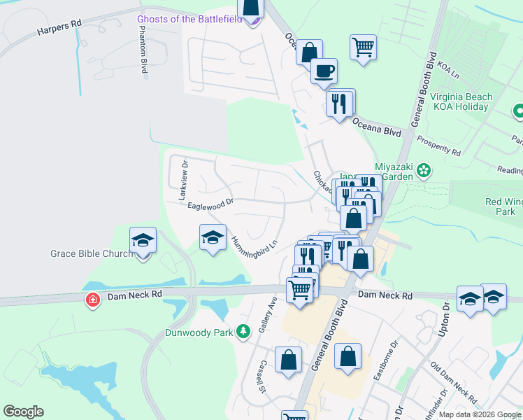 map of restaurants, bars, coffee shops, grocery stores, and more near 1251 Eaglewood Drive in Virginia Beach