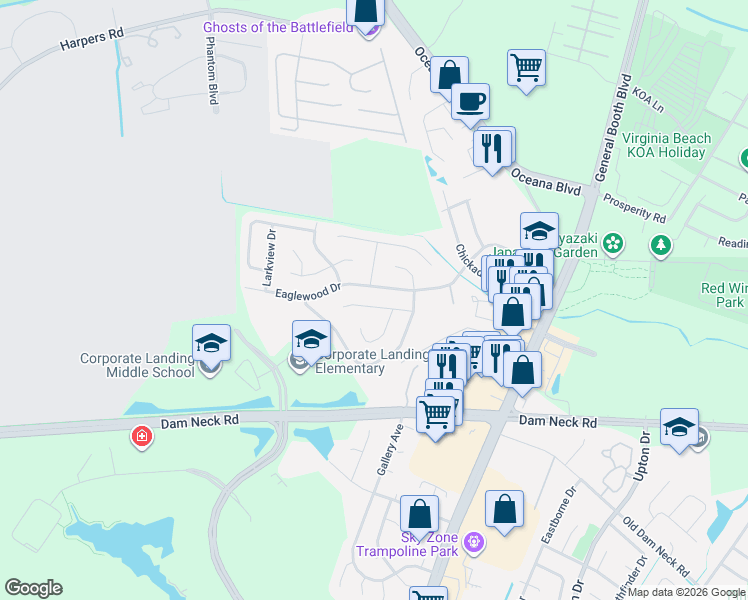 map of restaurants, bars, coffee shops, grocery stores, and more near 1251 Eaglewood Drive in Virginia Beach