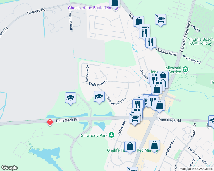 map of restaurants, bars, coffee shops, grocery stores, and more near 1269 Eaglewood Drive in Virginia Beach