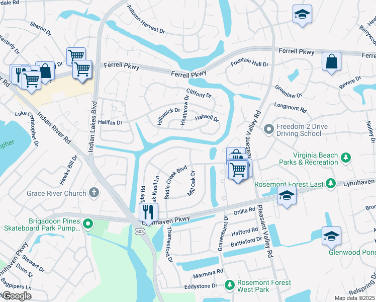 map of restaurants, bars, coffee shops, grocery stores, and more near 4824 Rugby Road in Virginia Beach