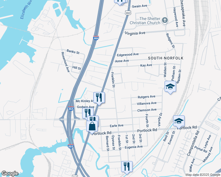 map of restaurants, bars, coffee shops, grocery stores, and more near 1201 Rosemont Avenue in Chesapeake