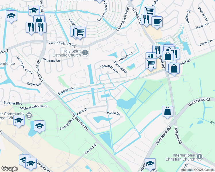 map of restaurants, bars, coffee shops, grocery stores, and more near 3697 Storm Bird Loop in Virginia Beach