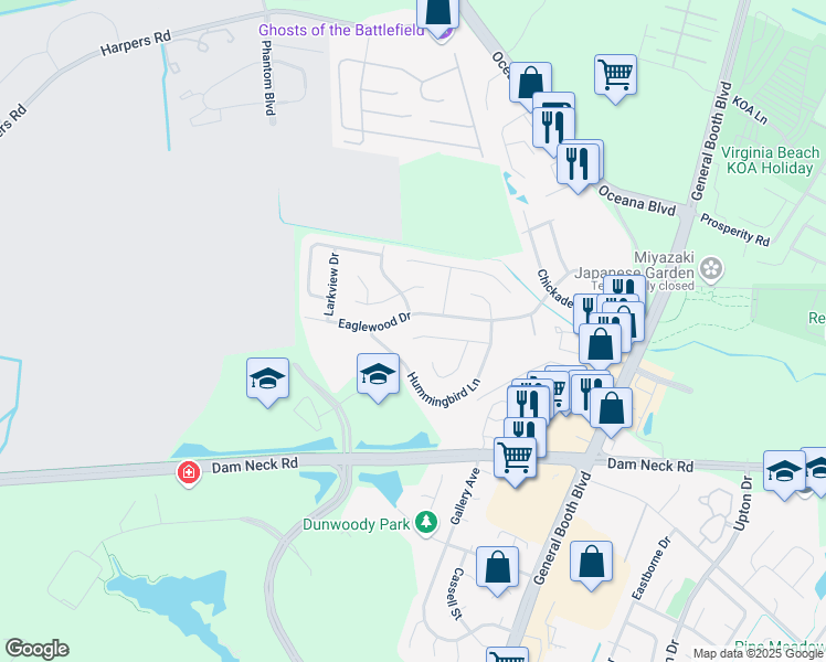 map of restaurants, bars, coffee shops, grocery stores, and more near 1134 Snowbird Lane in Virginia Beach
