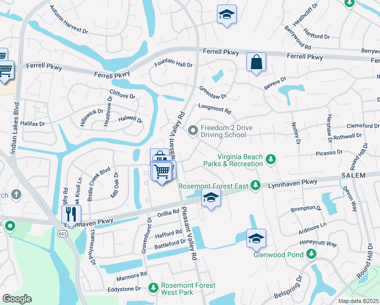 map of restaurants, bars, coffee shops, grocery stores, and more near 1291 Bridle Creek Boulevard in Virginia Beach