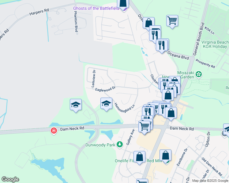map of restaurants, bars, coffee shops, grocery stores, and more near 1269 Eaglewood Drive in Virginia Beach