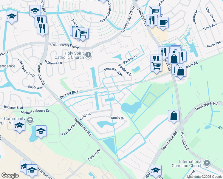 map of restaurants, bars, coffee shops, grocery stores, and more near 3697 Storm Bird Loop in Virginia Beach