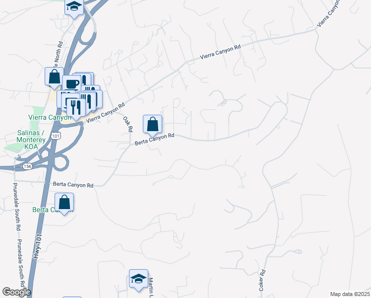 map of restaurants, bars, coffee shops, grocery stores, and more near 17920 Berta Canyon Road in Salinas